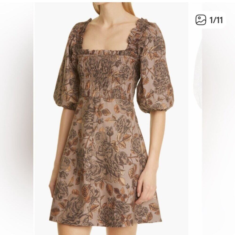 Ganni Womens Size 42 /8 Brown Floral Cotton Poplin Off Shoulder Mini Dress